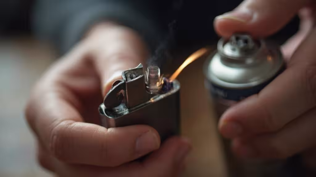 Gros plan des mains allumant un briquet à essence
