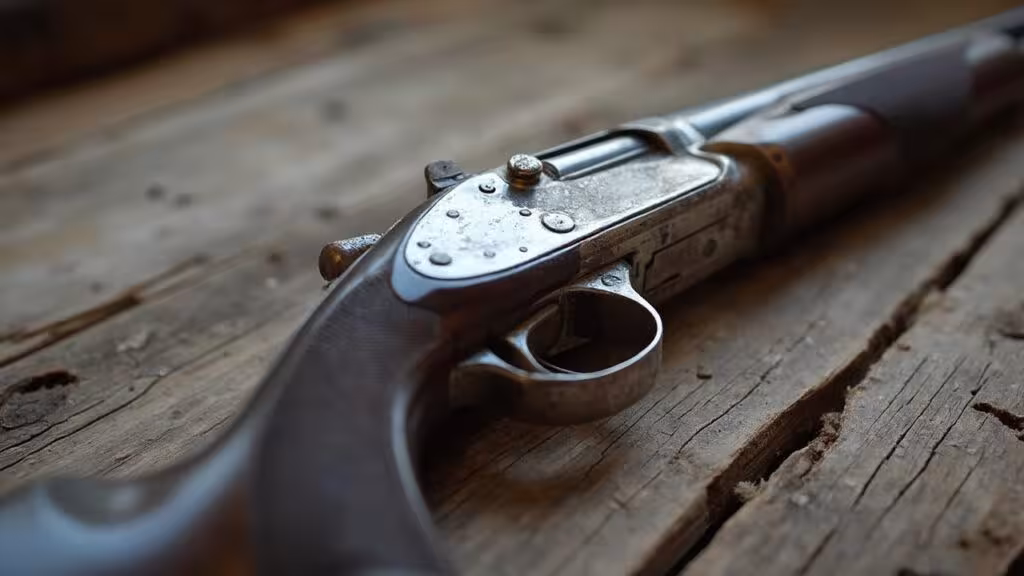 Gros plan sur un vieux revolver posé sur un plancher en bois.