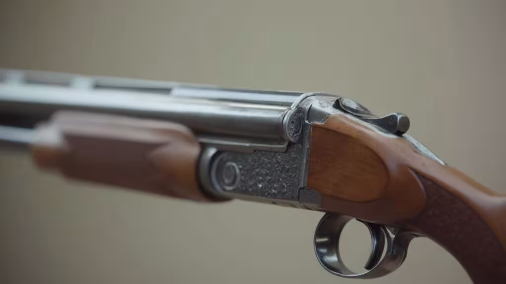 Gros plan sur un fusil de chasse avec un canon en métal et un fût en bois.