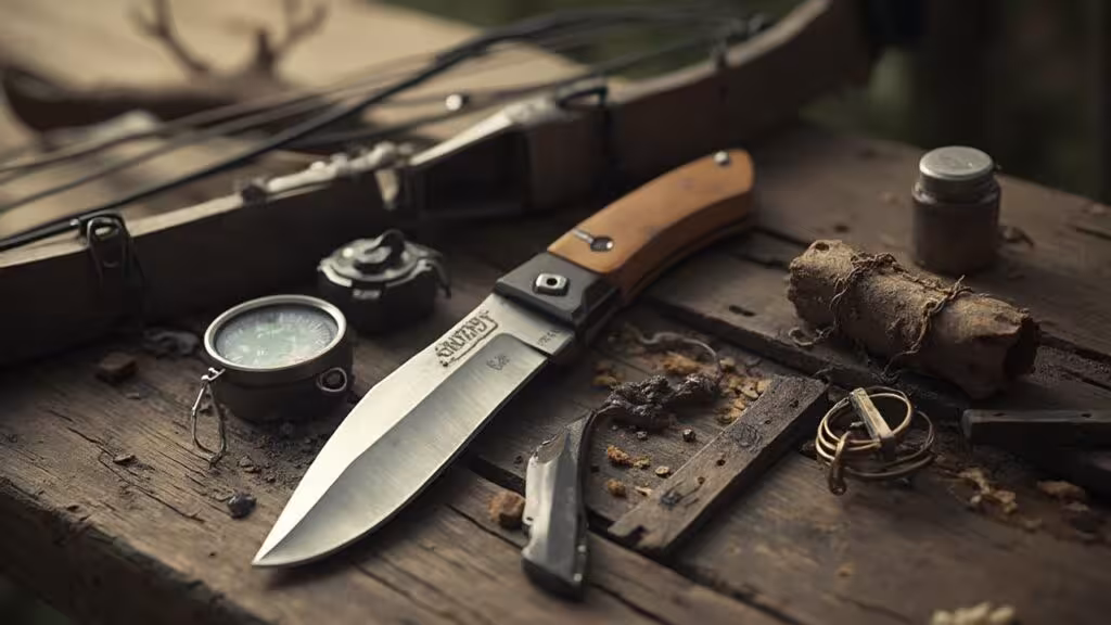 Couteau, boussole et autres outils de survie disposés sur une surface en bois usagée