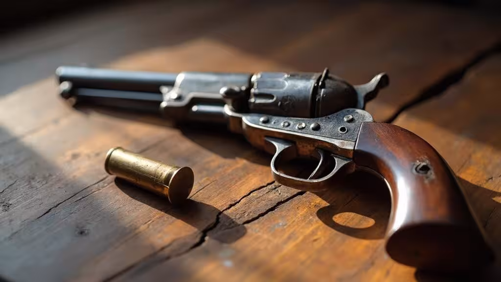 Image d'un revolver ancien posé sur une table en bois