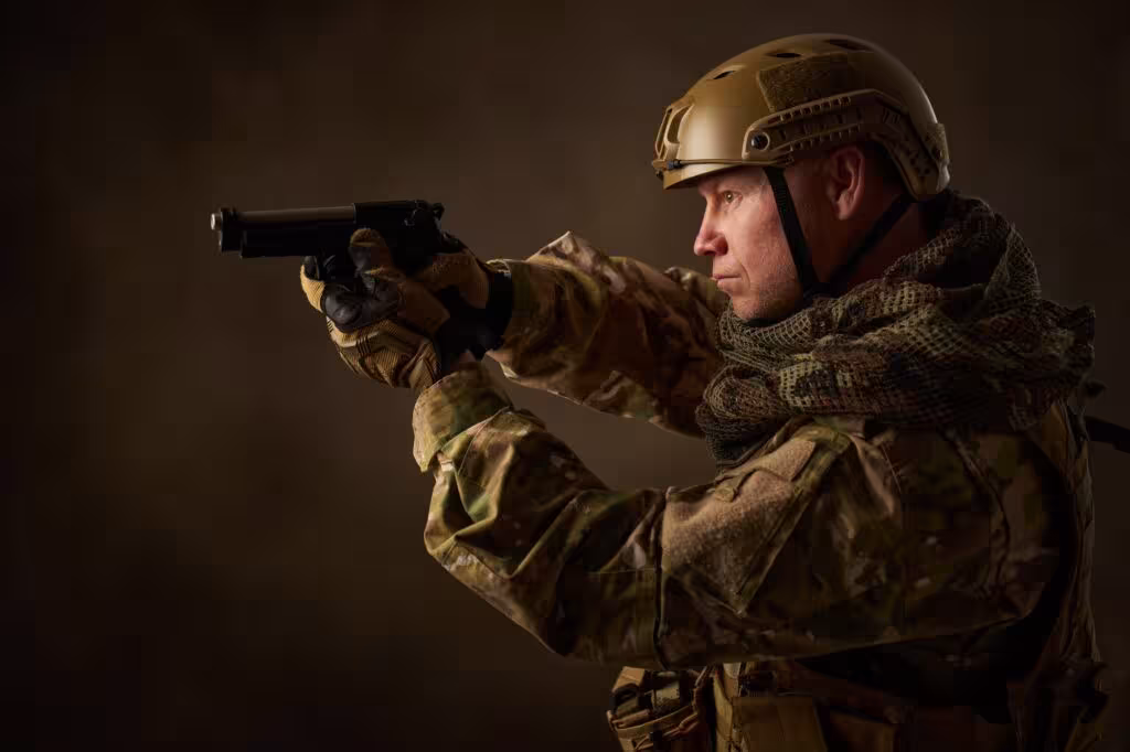 portrait of an airsoft soldier in camouflage clothing with an airsoft gun