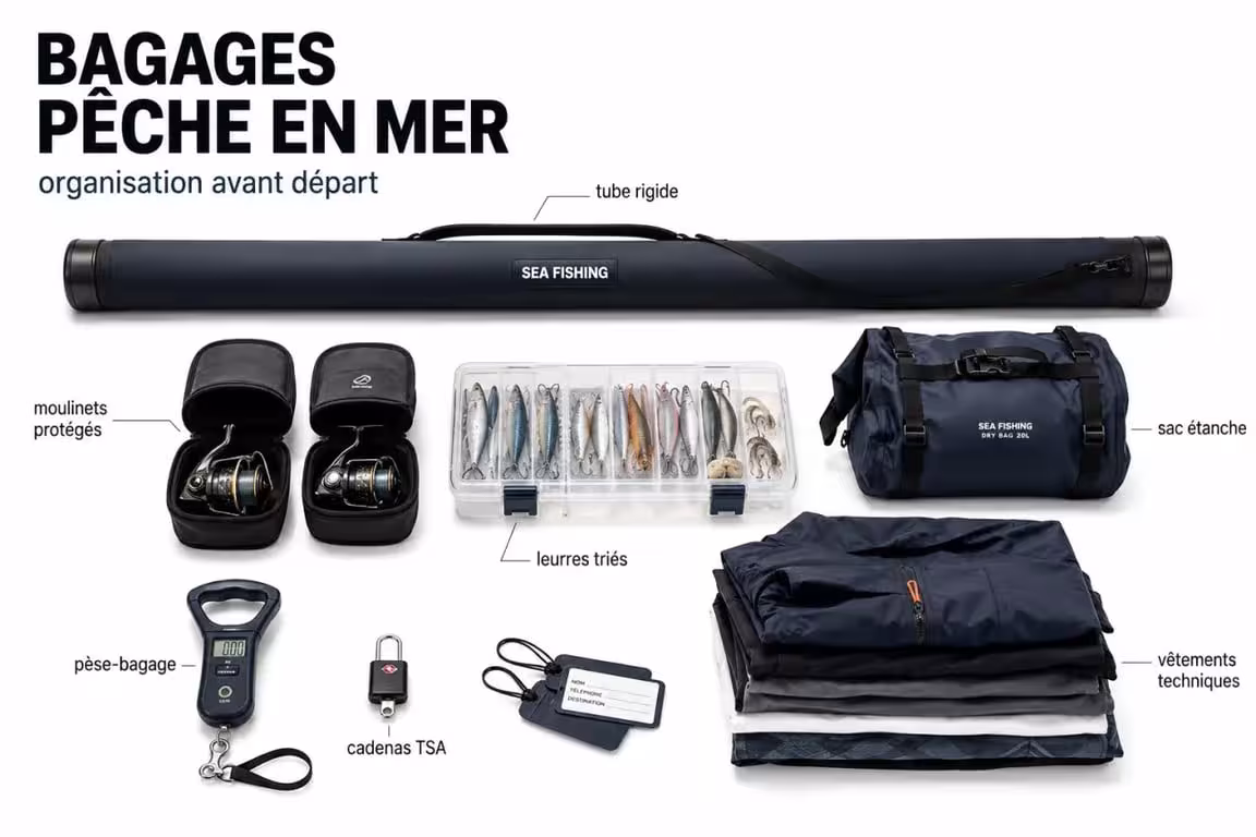 Préparer son équipement pour une expédition de pêche en mer en optimisant les bagages, la protection des cannes et le rangement cabine/soute