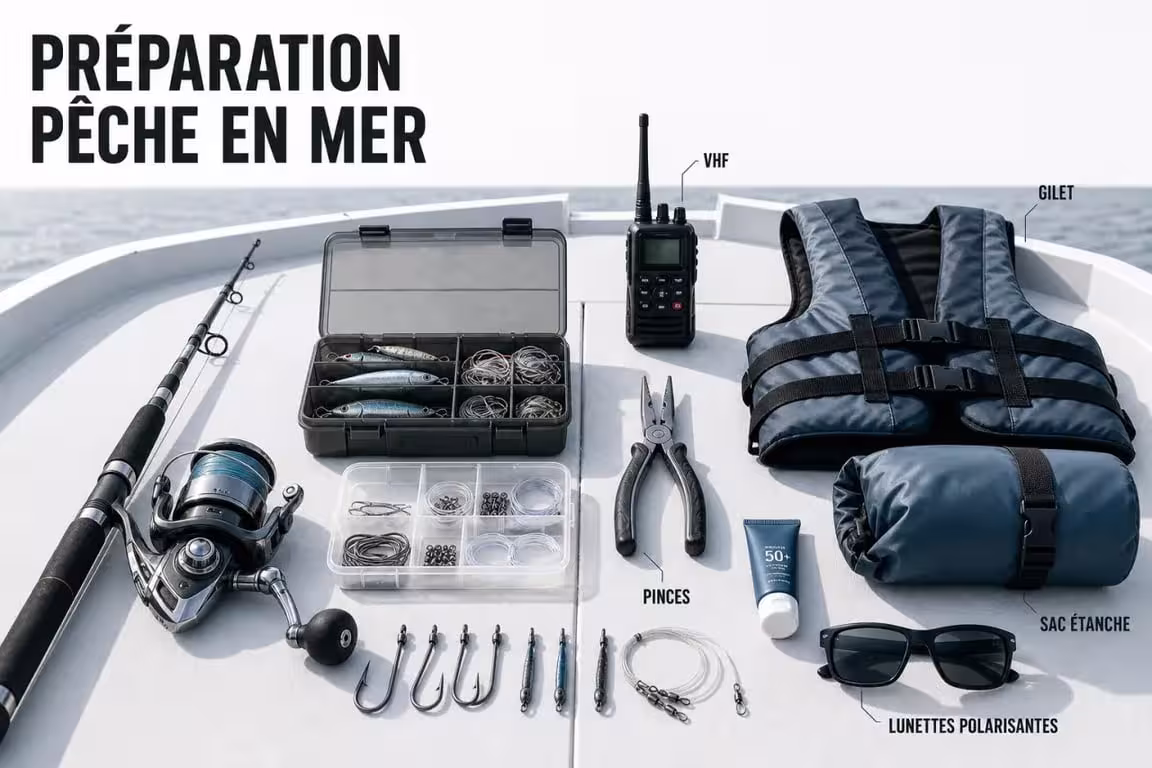 Préparer son équipement pour une expédition de pêche en mer avec canne, moulinet, gilet de sauvetage et sac étanche sur le pont d’un bateau