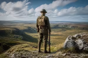 Soldat de la premiere guerre mondiale contemplant le paysage