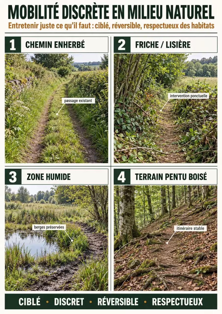 Infographie sur optimiser sa mobilité en milieu naturel pour la chasse selon les types de terrain